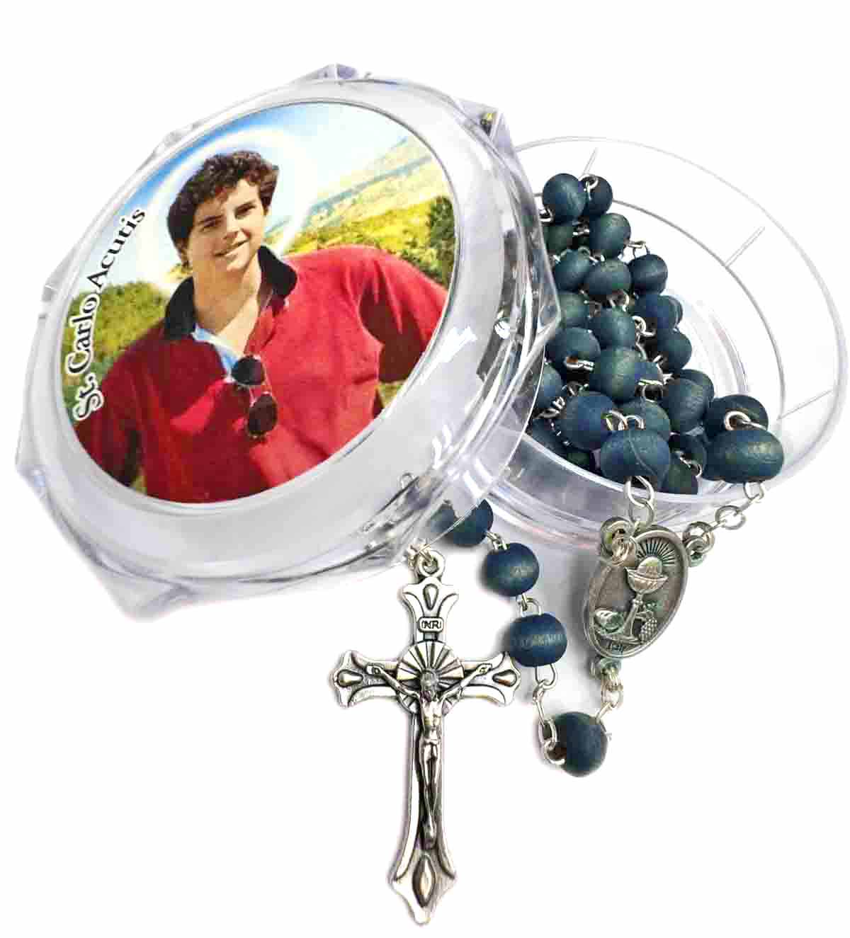 Rosario azul con crucifijo plateado en estuche transparente de San Carlo Acutis