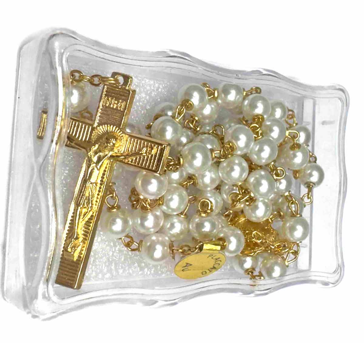 Rosario dorado con cuentas perla y crucifijo dentro de estuche transparente