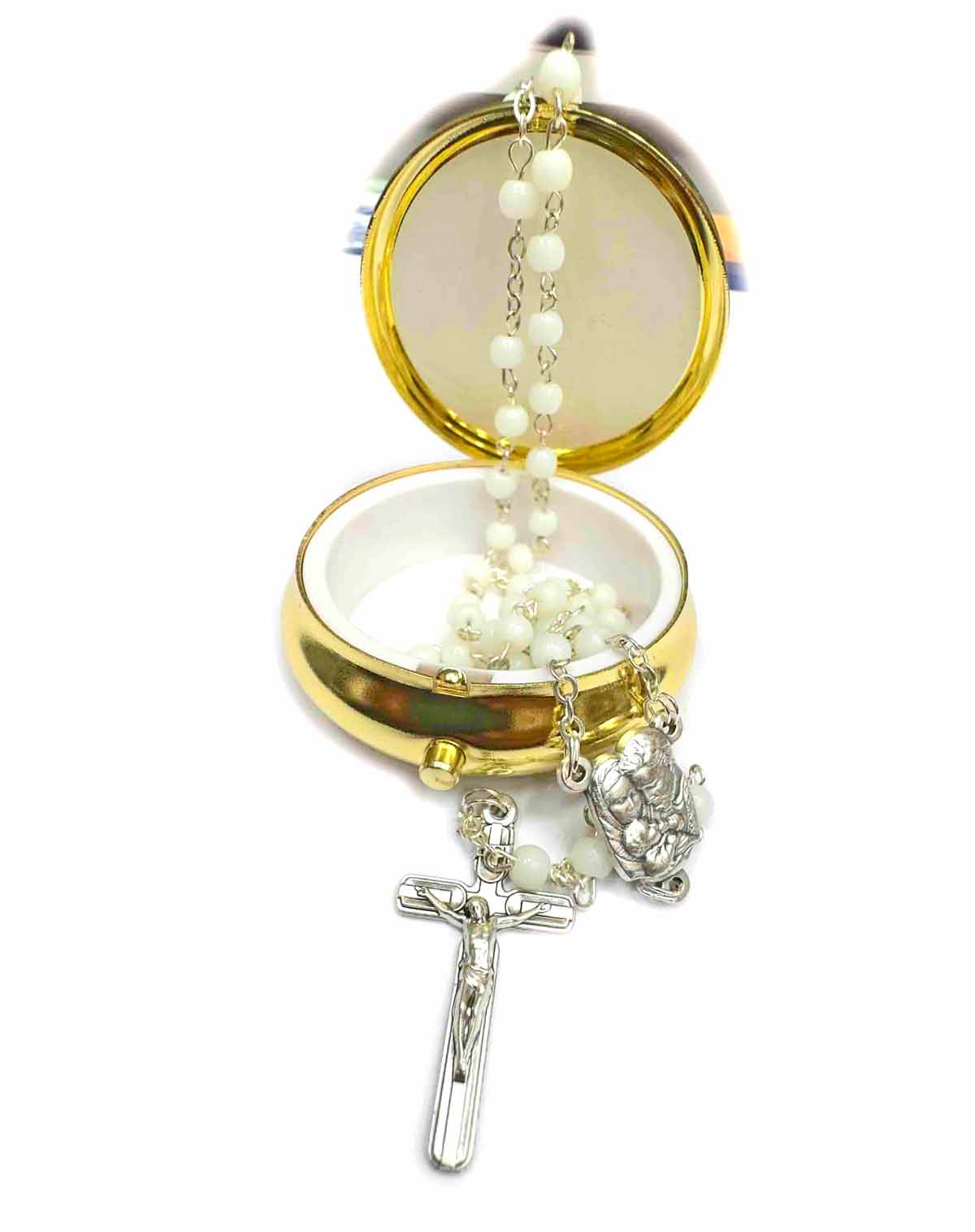 Pulsera rosario con cuentas blancas, crucifijo plateado y medalla religiosa
